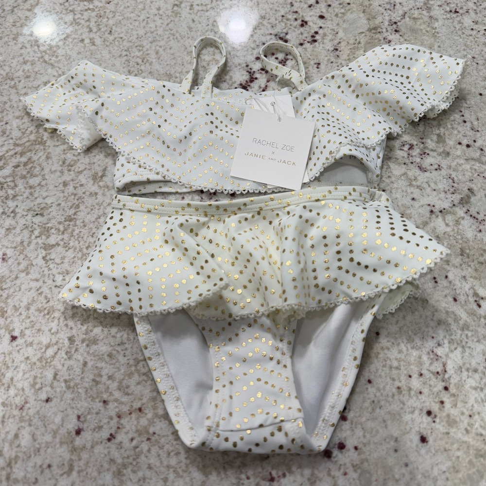 NWT Janie and Jack x Rachel Zoe Gold Polka Dot Ruffle 2piece Swimsuit
